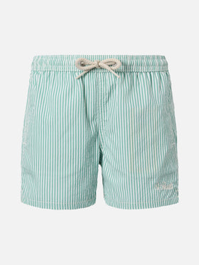 Patmos Jr sage green seersucker striped mid-length swim shorts