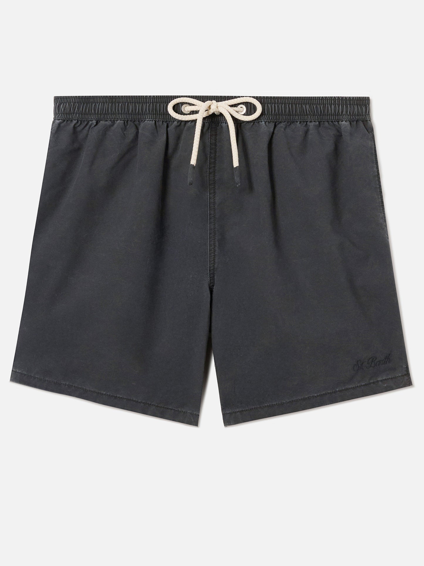 Patmos swim shorts in black with used effect and logo embroidery