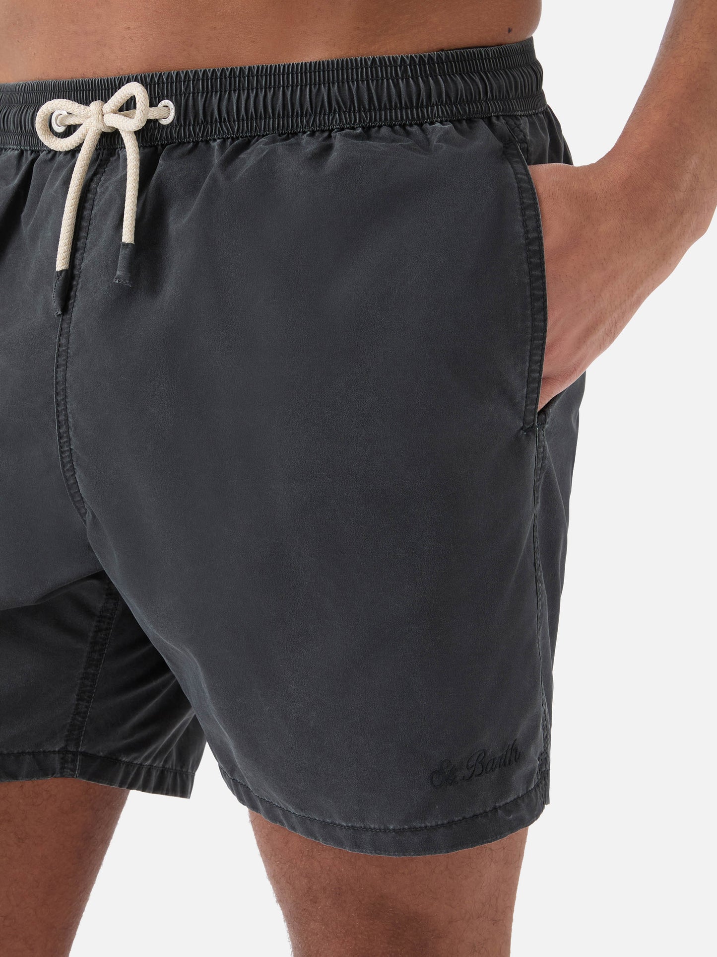 Patmos swim shorts in black with used effect and logo embroidery