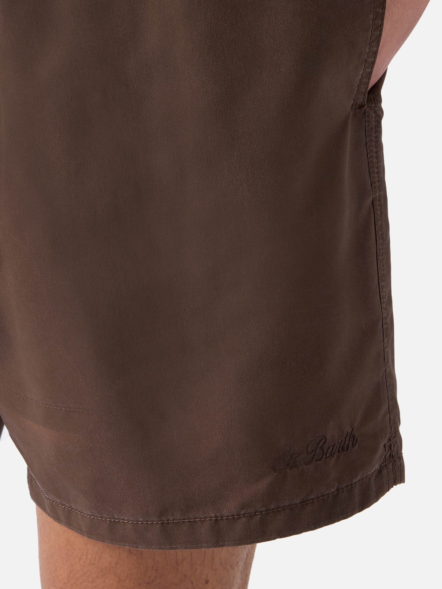 Patmos swim shorts in brown with used effect and logo embroidery
