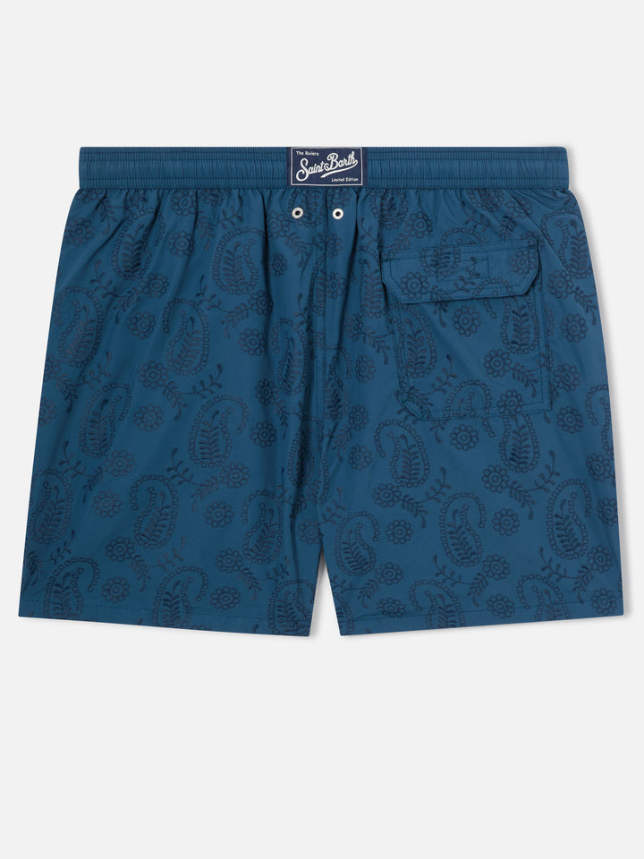 Patmos-Badeshorts aus blauem Sangallo mit Stickerei 