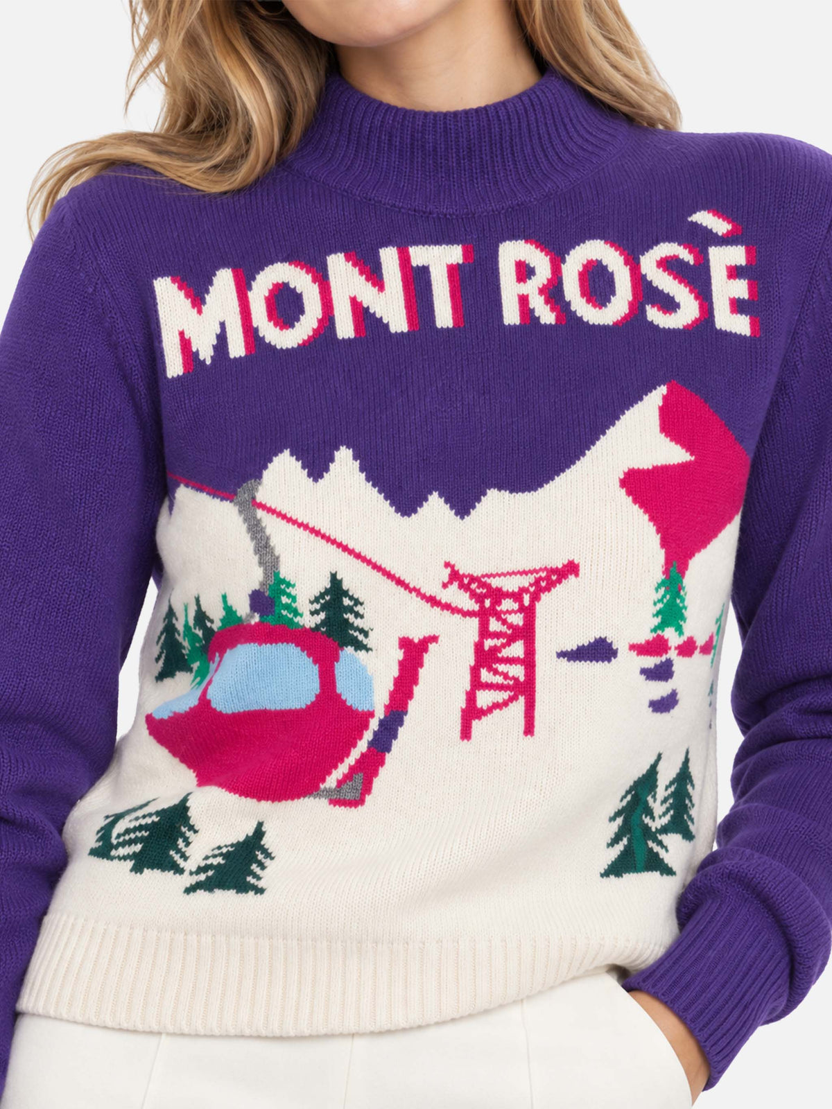 Pull violet intense avec carte postale Mont Rosè 