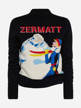 Crewneck sweater New Queen with Zermatt postcard jacquard