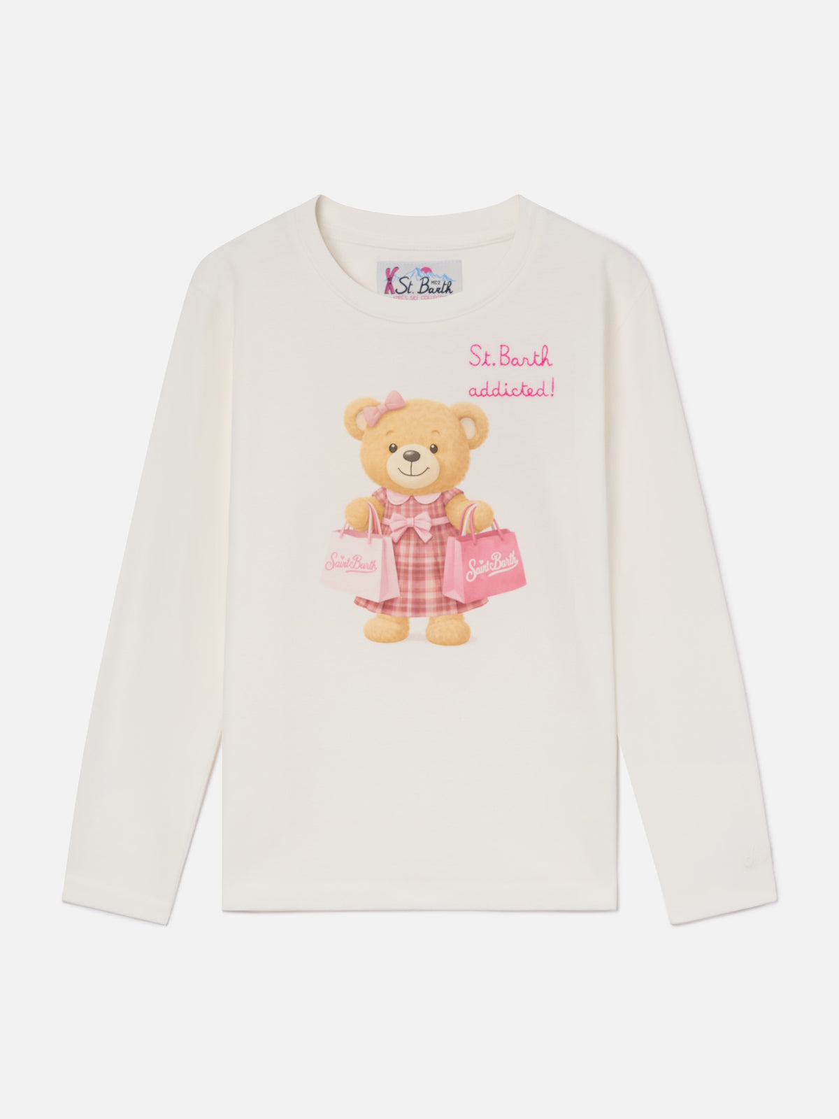 T-shirt Penny bianca a manica lunga in cotone organico con stampa orsetto