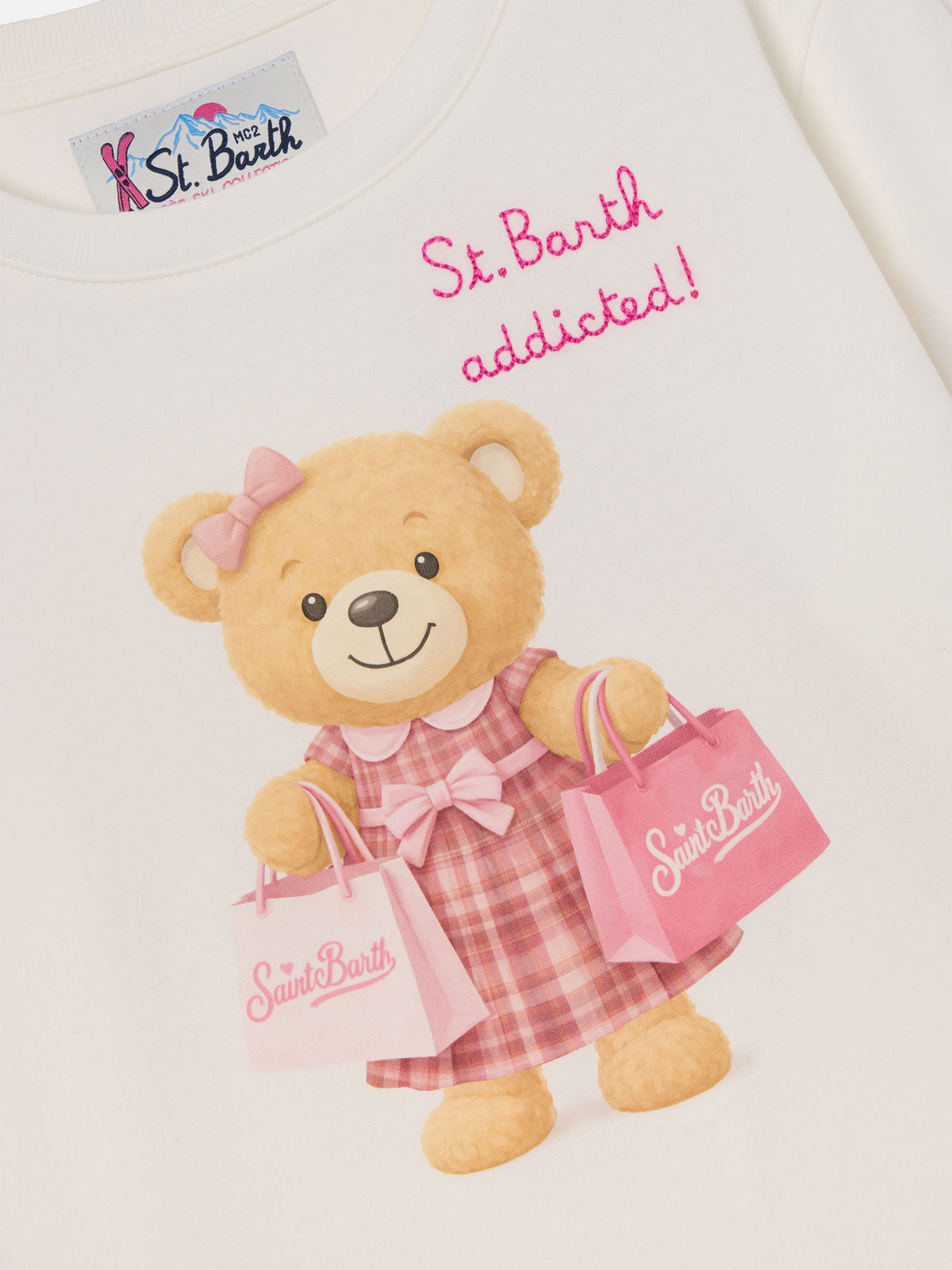 T-shirt Penny bianca a manica lunga in cotone organico con stampa orsetto