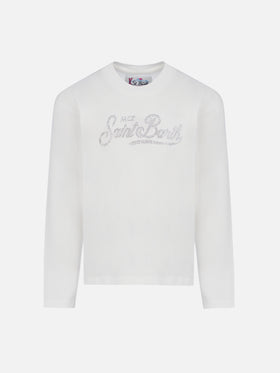 T-shirt bianca a maniche lunghe da bambina Penny con logo Saint Barth in strass