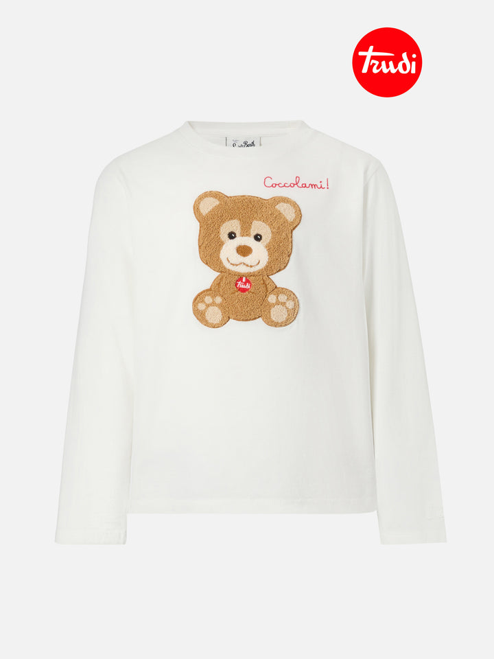 Penny long-sleeve cotton T-shirt in white with Trudi bear terry appliqué | TRUDI SPECIAL EDITION