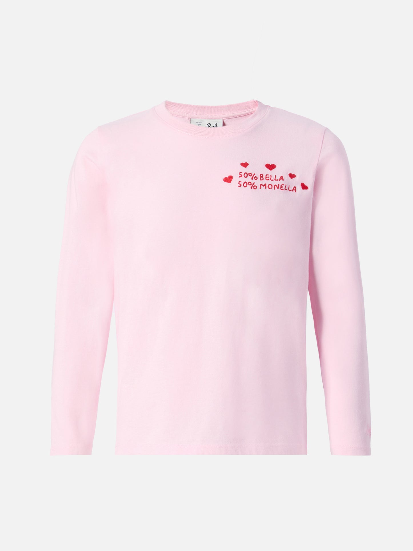 Penny long-sleeve cotton T-shirt in pink with Bella e Monella embroidery