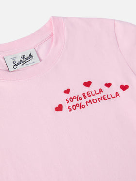Penny long-sleeve cotton T-shirt in pink with Bella e Monella embroidery