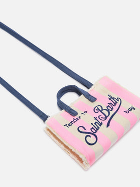Mikro-Canvas-Tasche Phone mit weißen und rosa Streifen und kontrastierendem Logo 