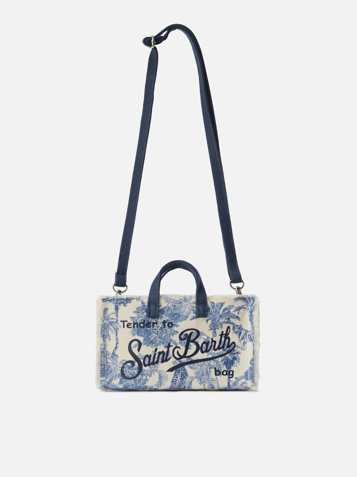 Borsa Phone micro in canvas con stampa toile de jouy azzurro e logo a contrasto