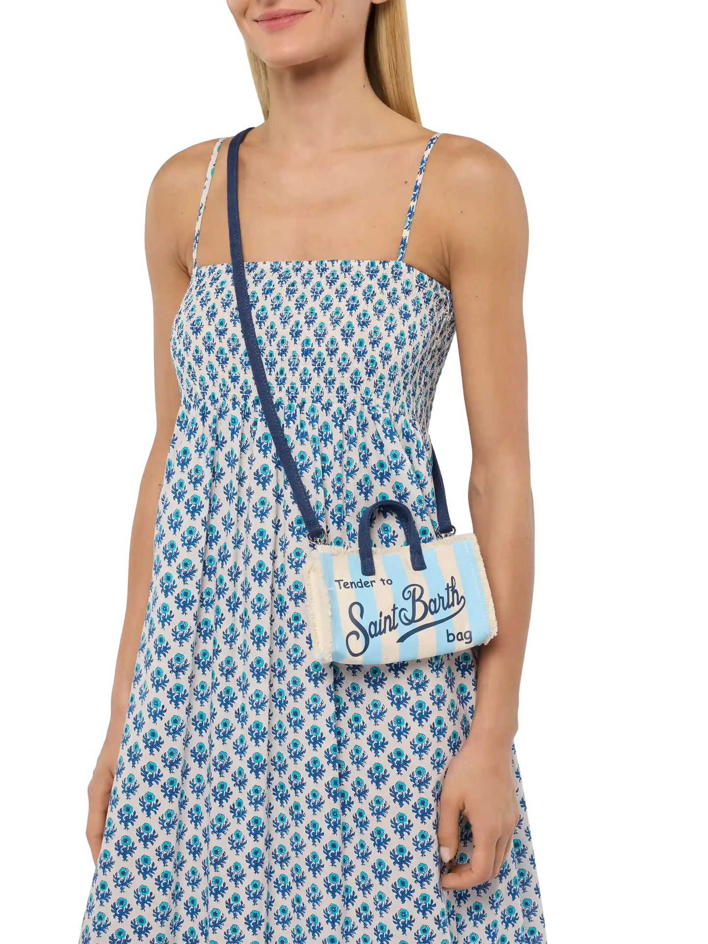 Cotton canvas Phone Bag with light blue striped print