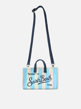Borsa Phone micro in canvas a righe bianche e azzurre con logo a contrasto