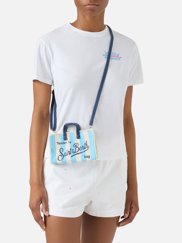 Sac en toile Micro Phone à rayures blanches et bleu clair avec logo contrasté 