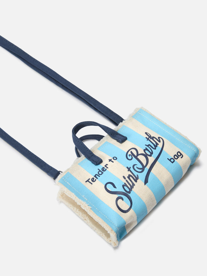 Borsa Phone micro in canvas a righe bianche e azzurre con logo a contrasto