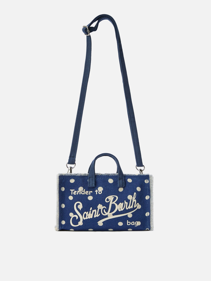 Borsa Phone micro in canvas blu a pois con logo a contrasto
