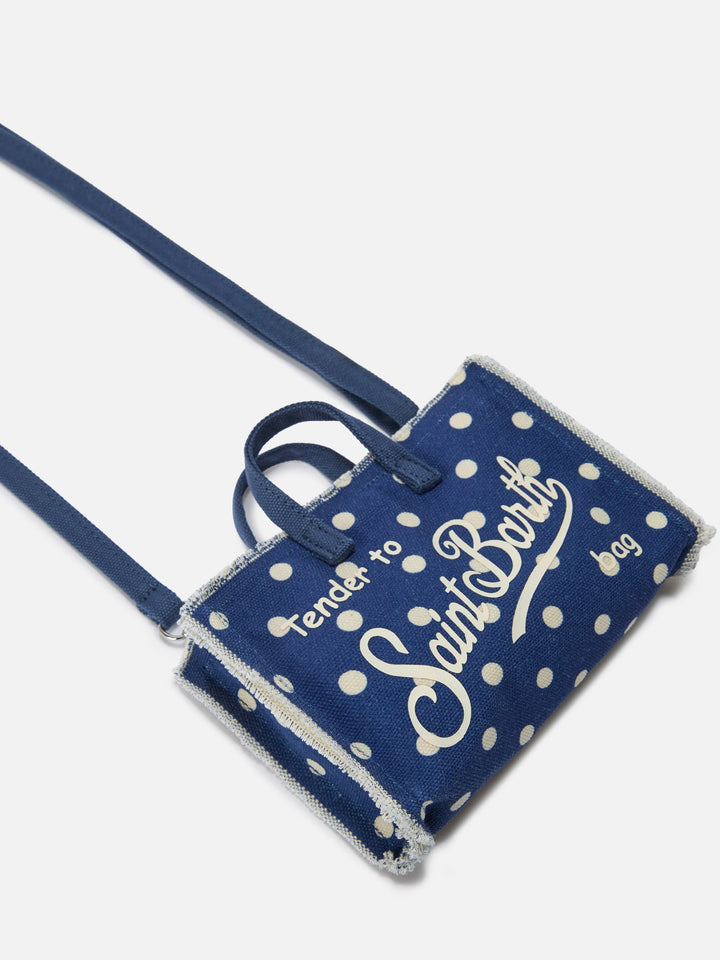 Borsa Phone micro in canvas blu a pois con logo a contrasto