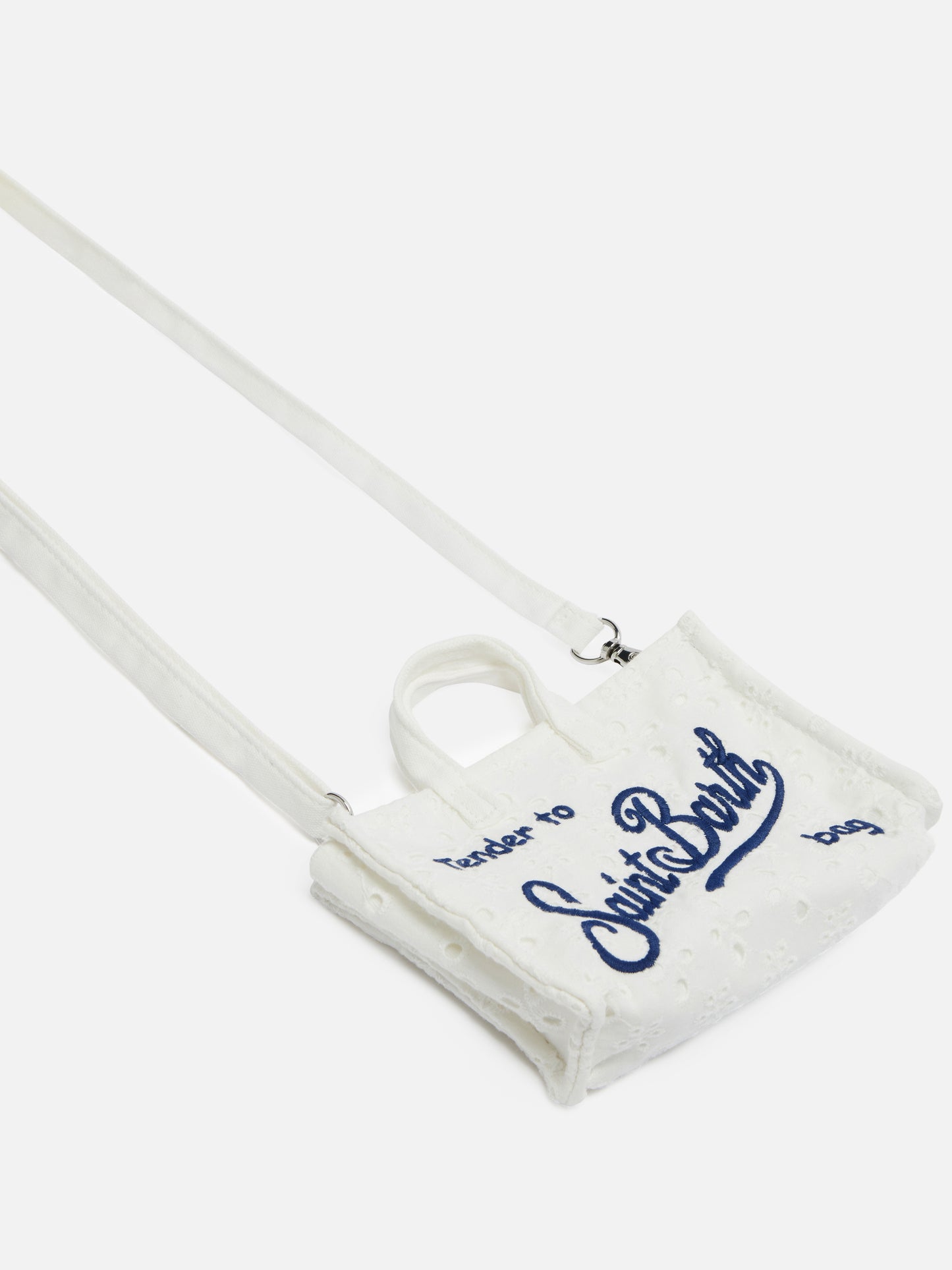 Micro sac pour téléphone blanc en broderie anglaise avec logo brodé 