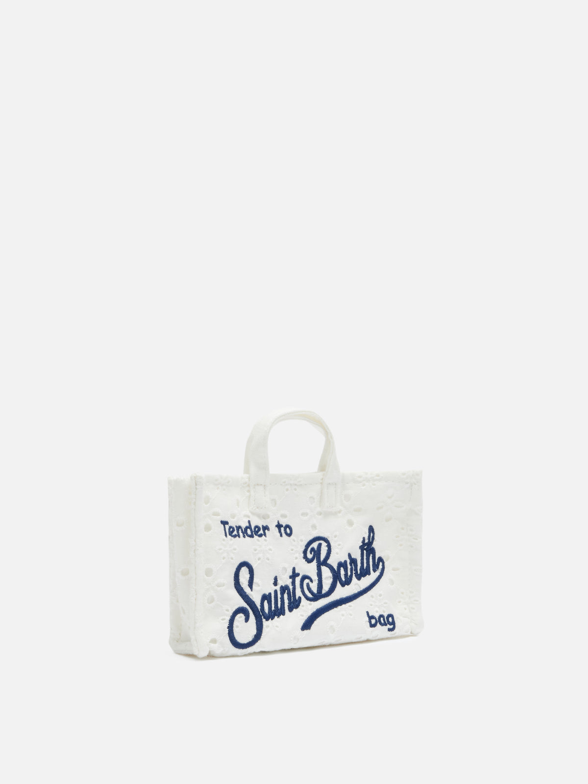 Micro sac pour téléphone blanc en broderie anglaise avec logo brodé 