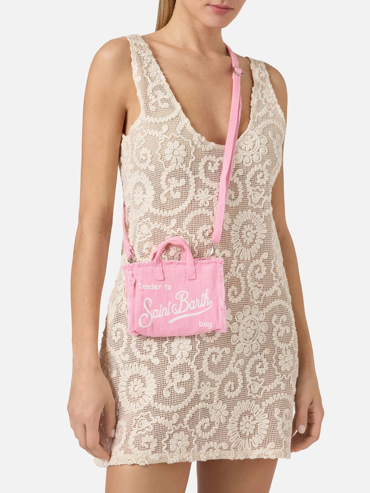 micro Phone solid pink linen bag with contrasting logo