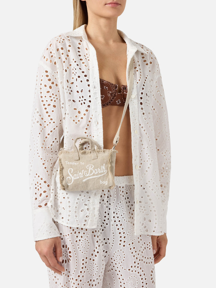 micro Phone solid beige linen bag with contrasting logo