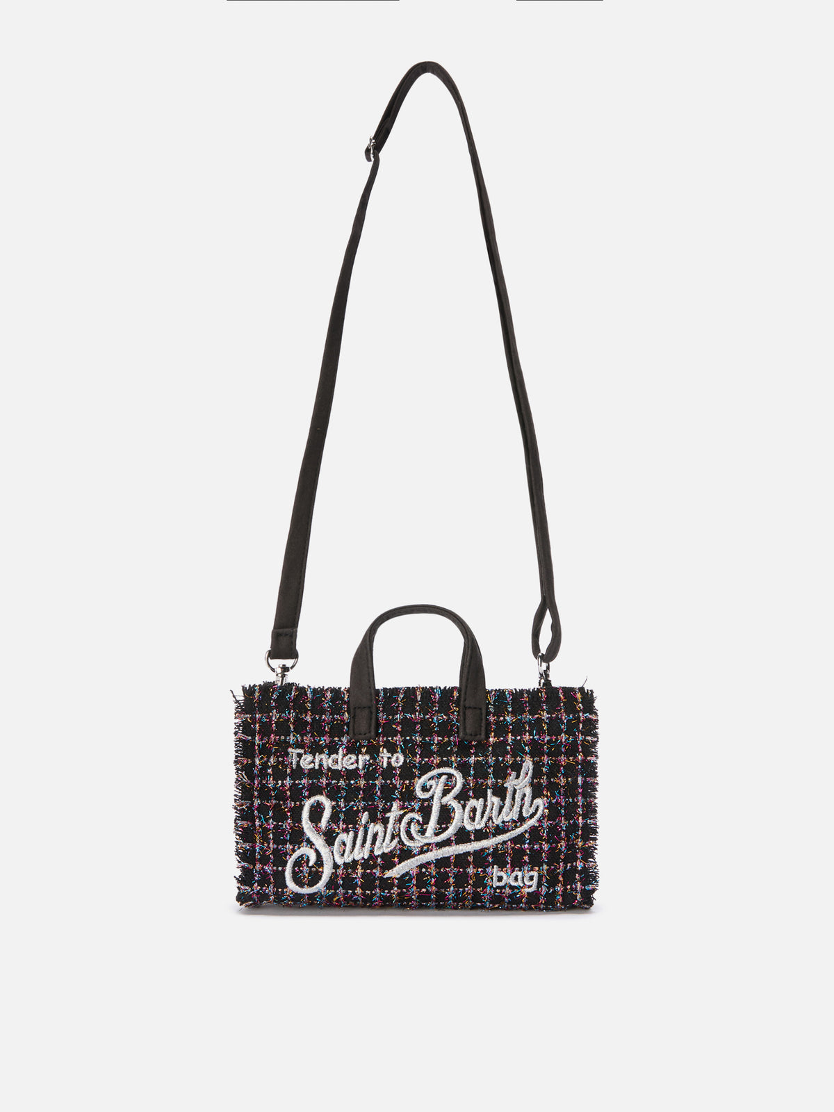 Phone Bag nera in tweed con ricamo logo