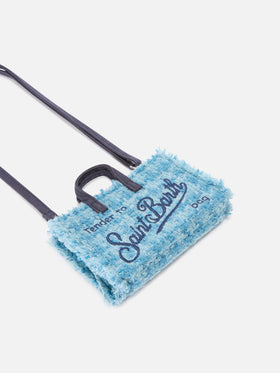 Phone Bag azzurra in tweed con ricamo logo