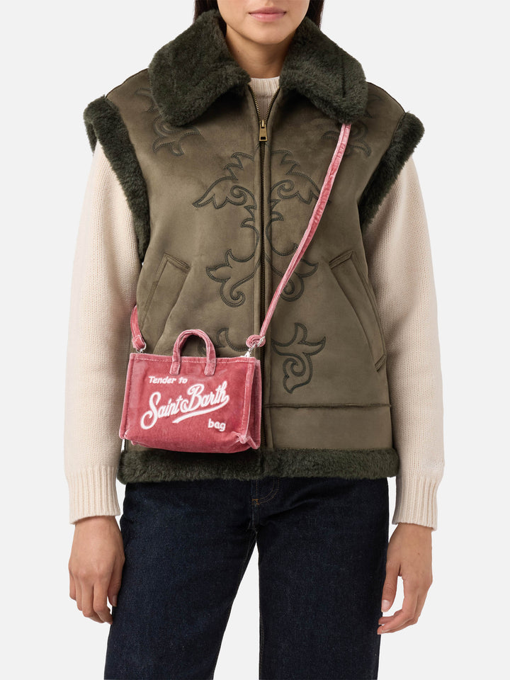 Pink Phone Bag in velvet with logo embroidery
