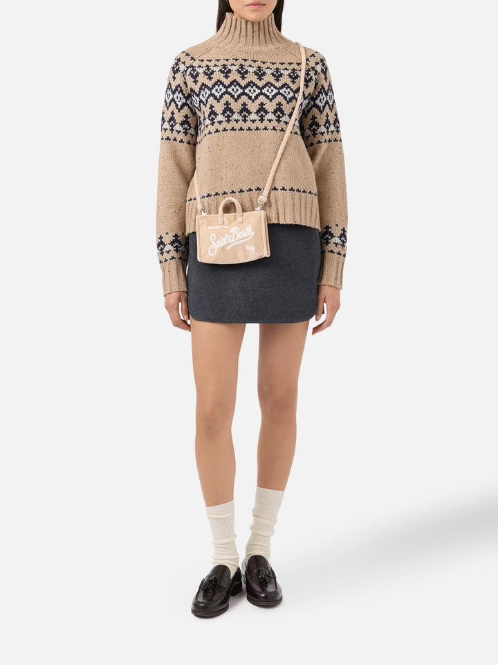 Beige Phone Bag in velvet with logo embroidery