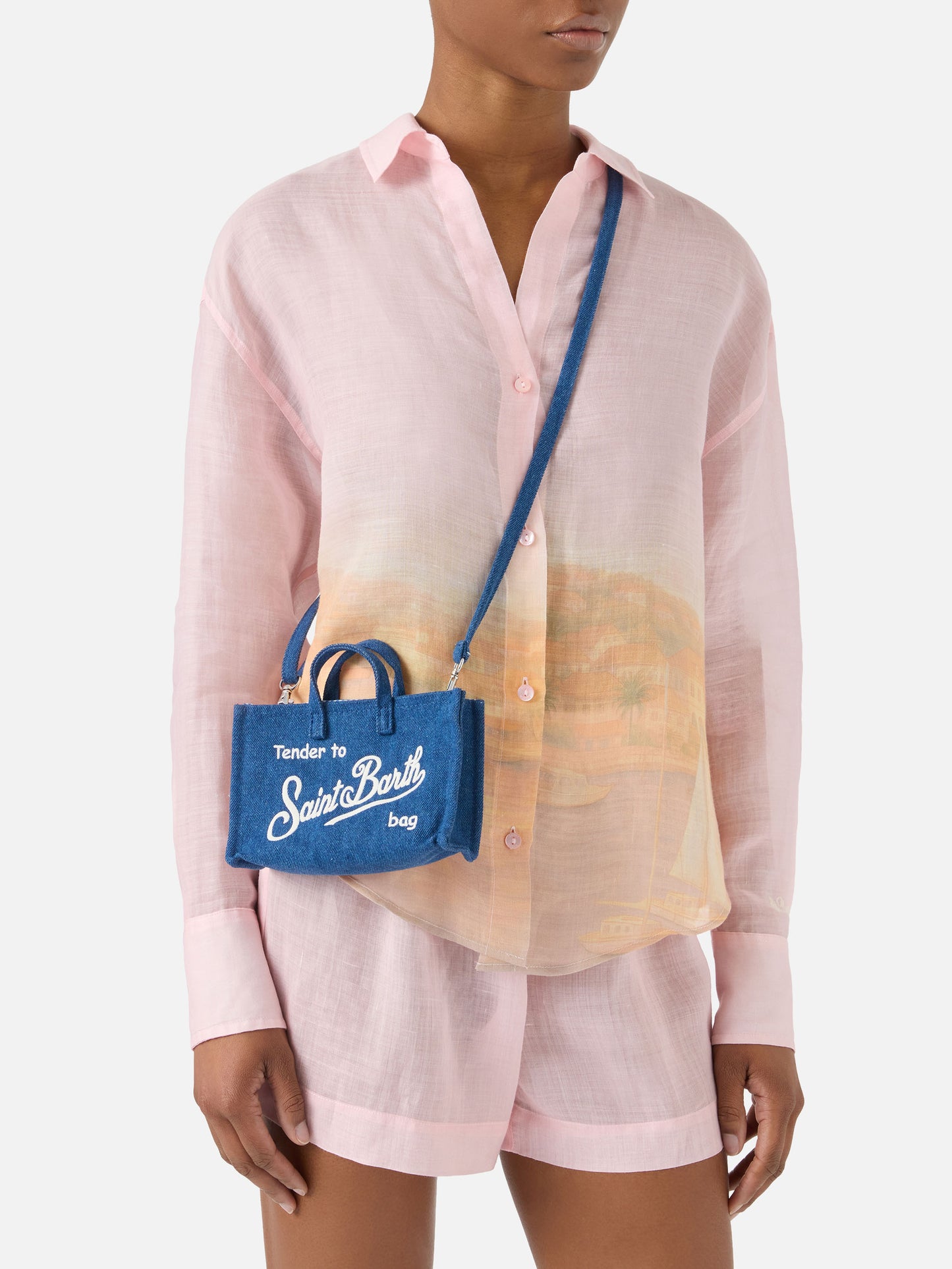 Bolso Micro Phone de denim con logo en contraste 