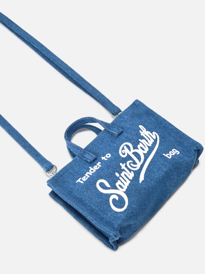 Borsa Phone micro in tessuto denim con logo a contrasto