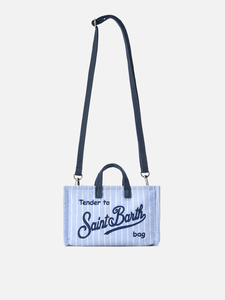 Borsa Phone micro in canvas a righe bianche e azzurre con logo a contrasto
