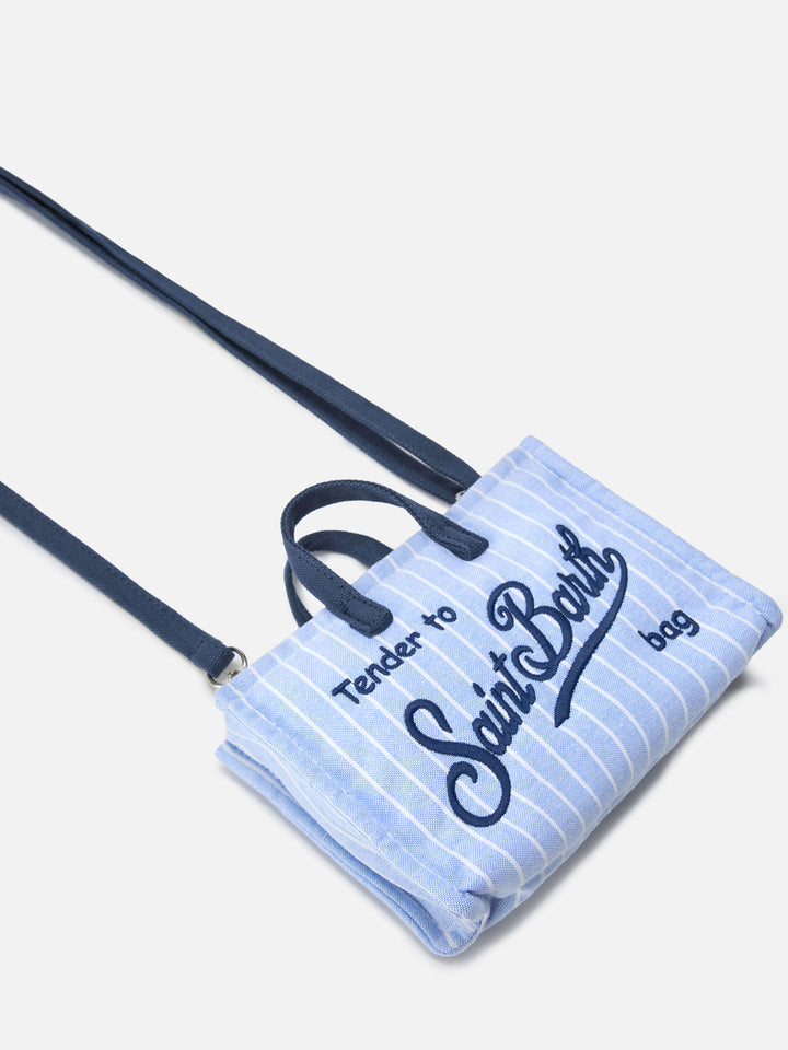 Borsa Phone micro in canvas a righe bianche e azzurre con logo a contrasto