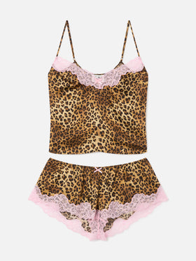 Conjunto de top Pilar y shorts con estampado de leopardo y encaje 