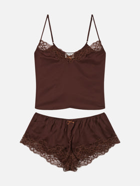Dark brown Pilar top and shorts set with lace