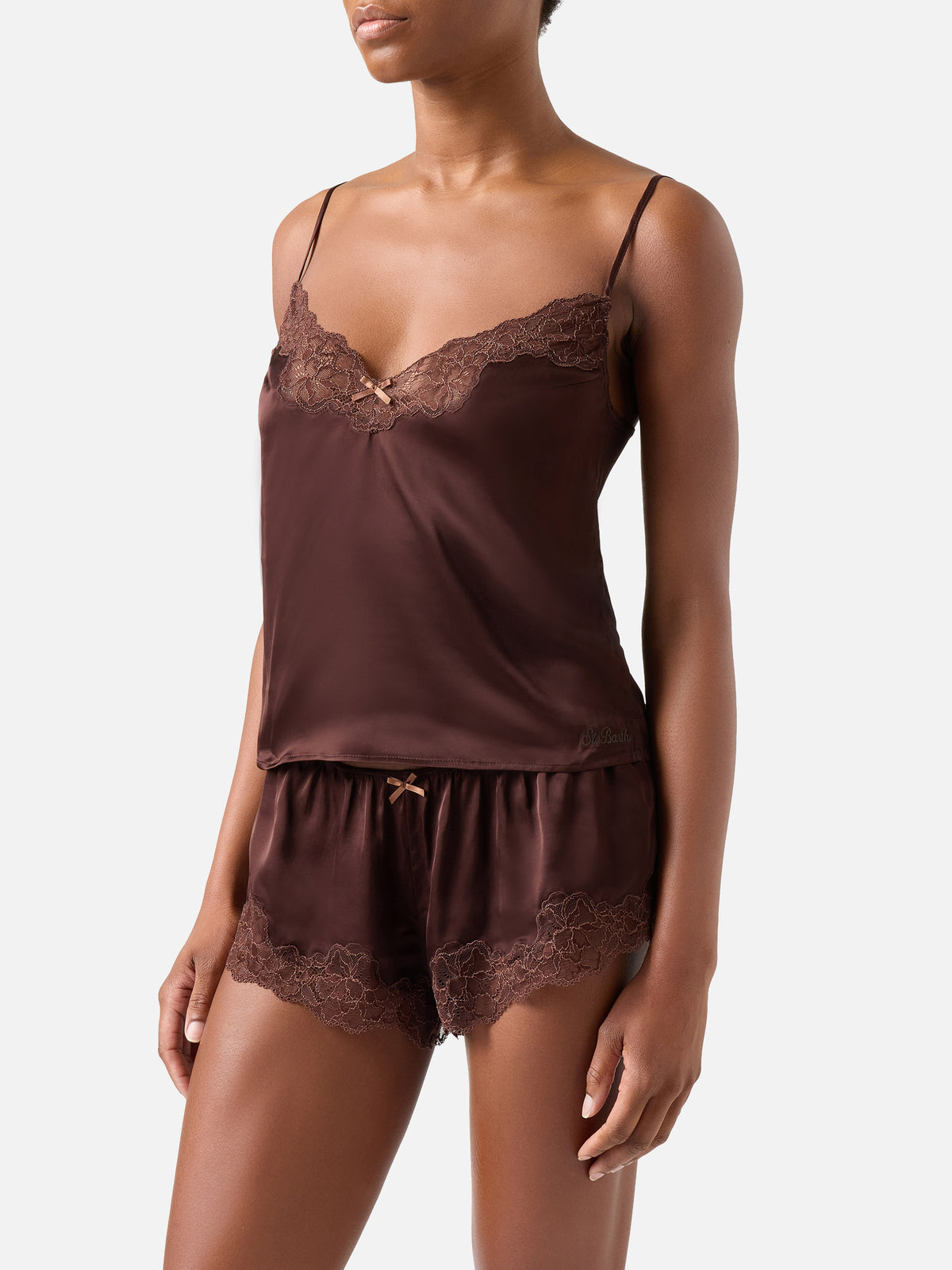 Dark brown Pilar top and shorts set with lace
