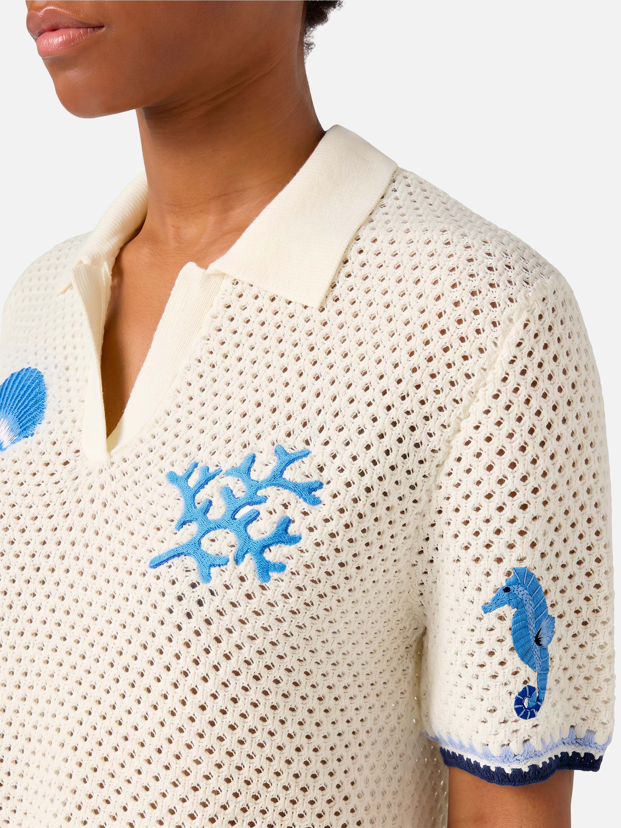 トップス MARINE SERRE KNIT POLO Pixie openwork knit polo with marine patches – MC2 Saint Barth