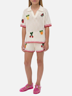 Pixie Jr Polo in white cotton blend with embroidered patches