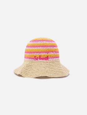 Chapeau de paille Polly à rayures multicolores et broderie logo 