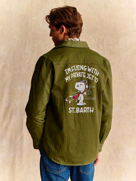 Grünes Green Pioneer Baumwollhemd in Fischgrätmuster mit Snoopy-Print auf der Rückseite | Special edition 