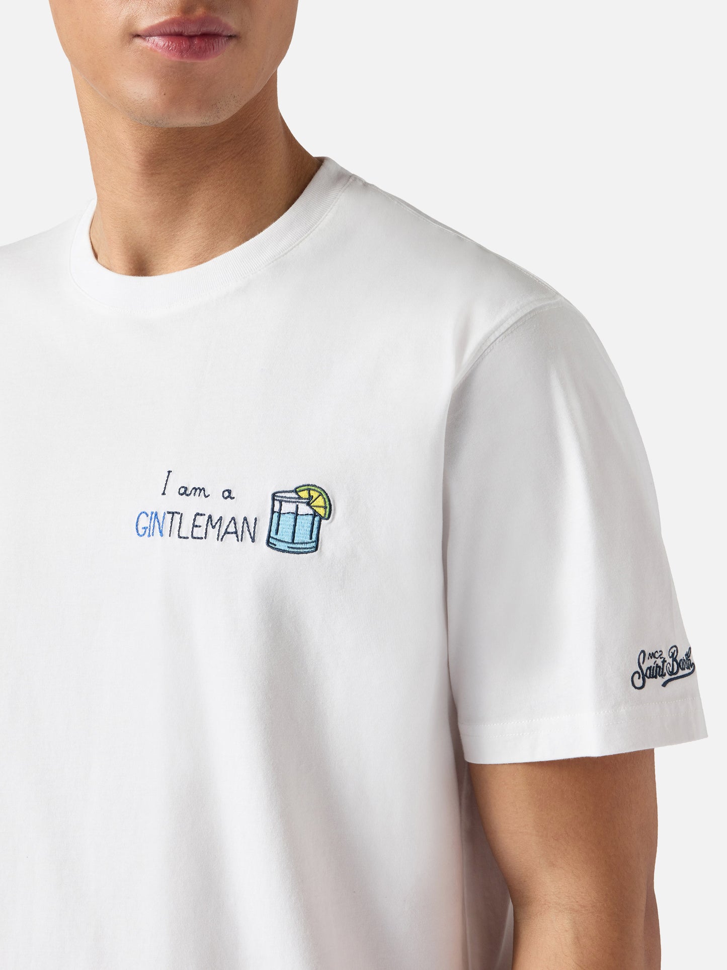 White Portofino T-shirt with I Am A Gintleman embroidery