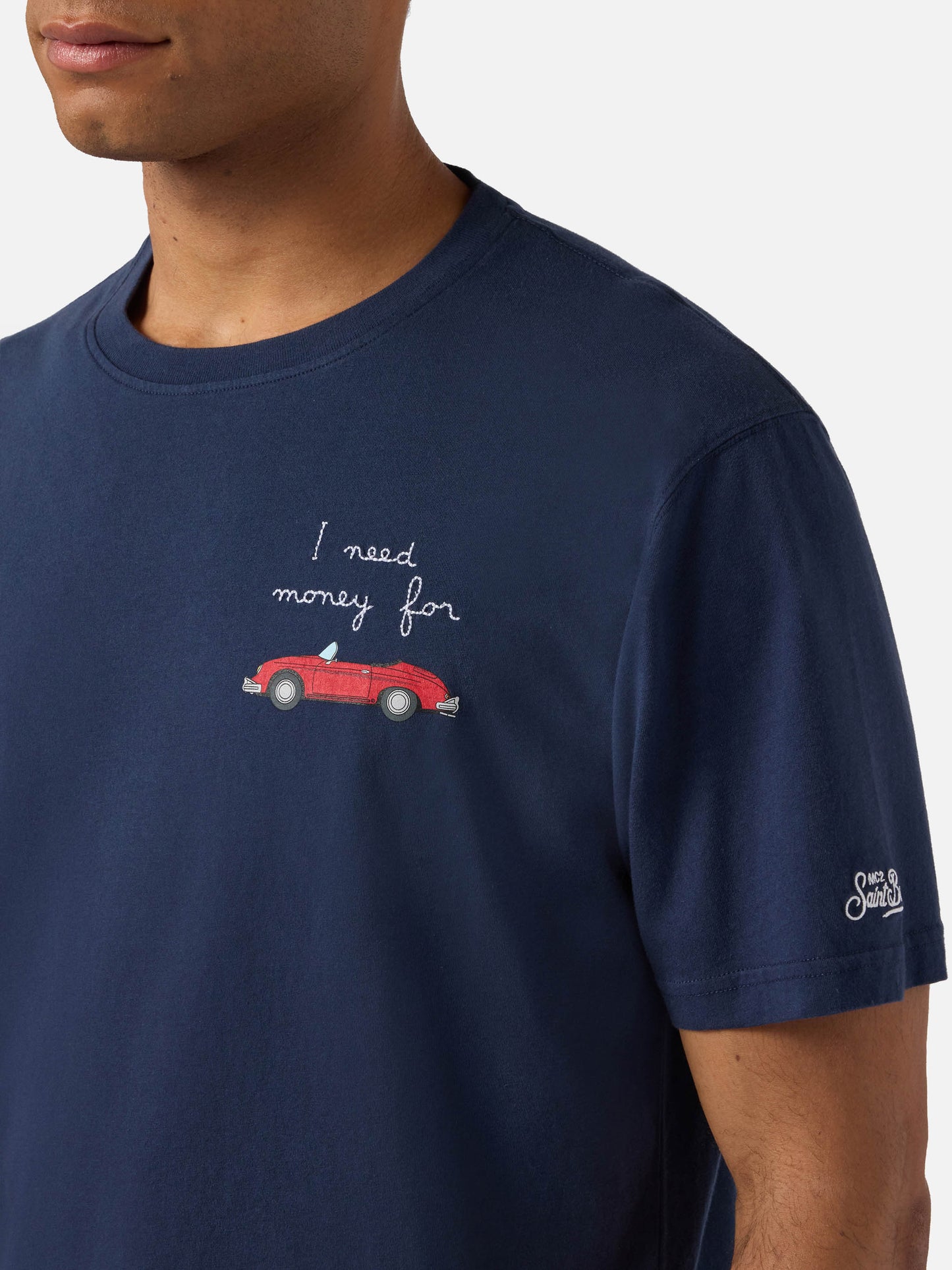 Navy blue Portofino t-shirt with car and I need money for embroidery