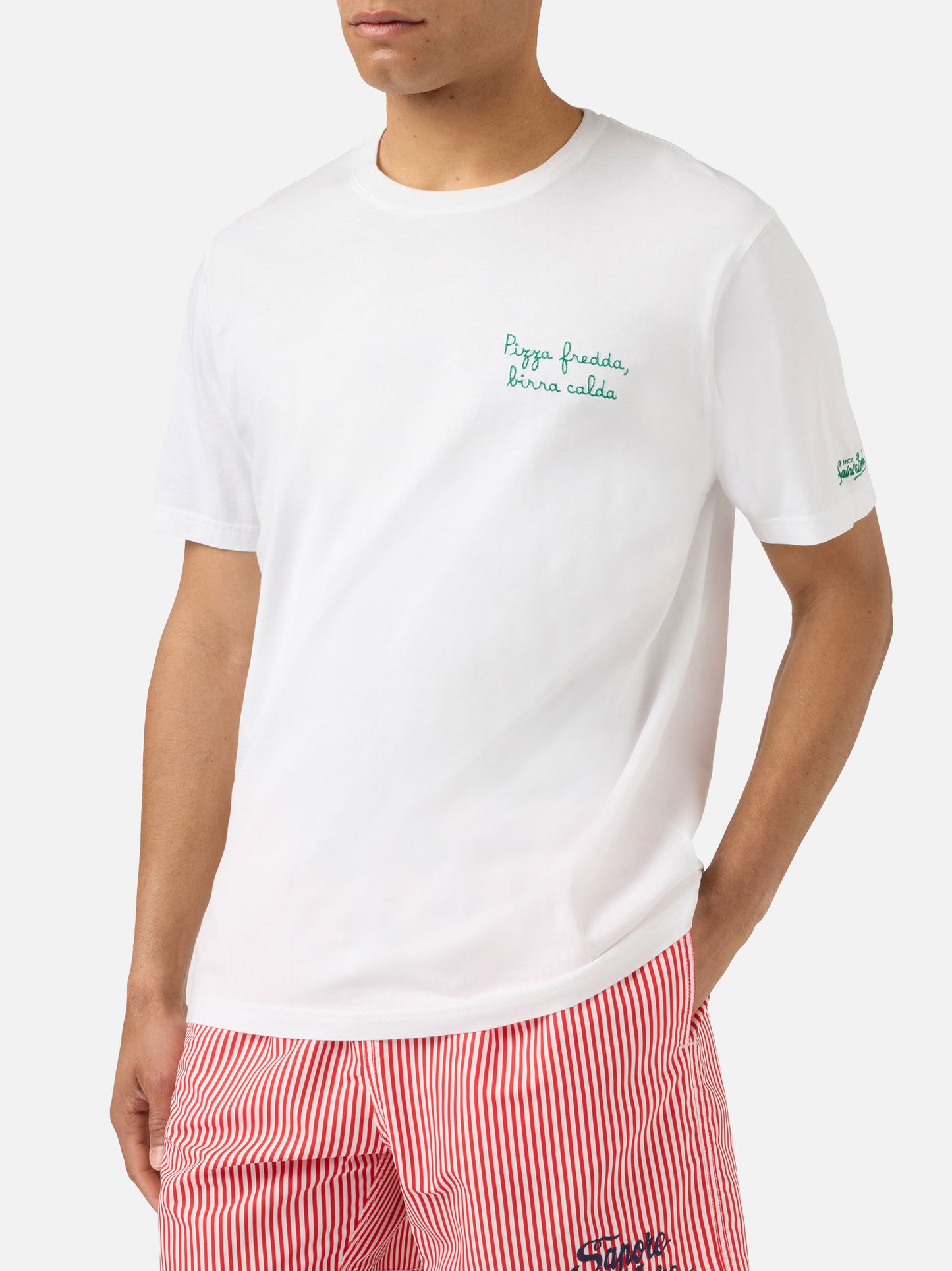 White Portofino T-shirt with Pizza Fredda Birra Calda embroidery