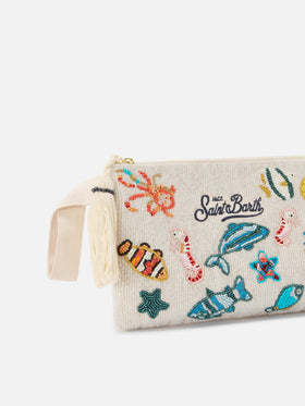 Pouch Pearl bianca con motivi marini in perline
