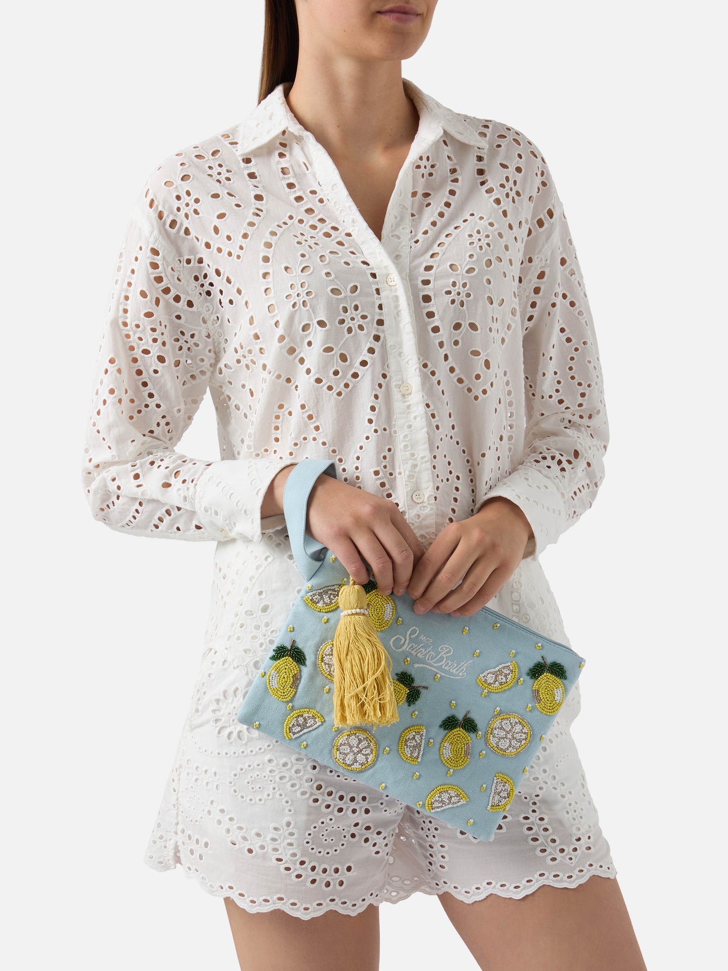 Light blue Pouch Pearl with beaded lemons