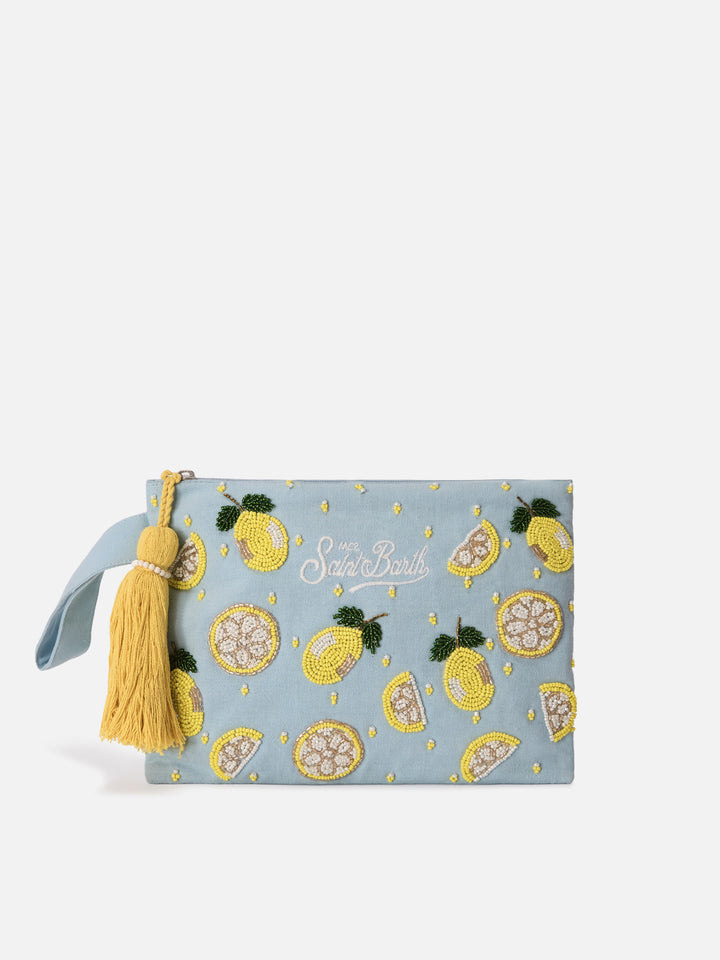 Light blue Pouch Pearl with beaded lemons