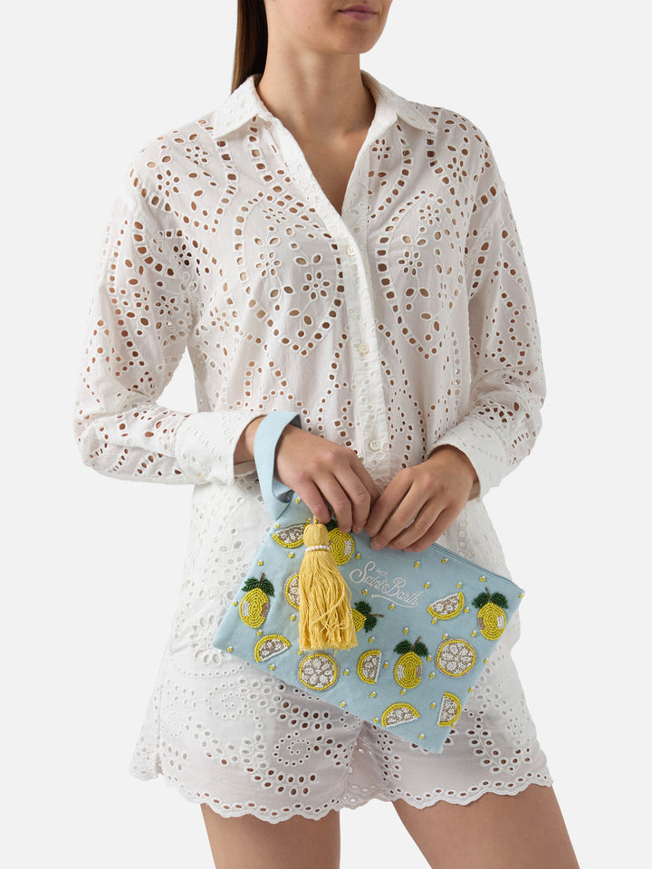 Light blue Pouch Pearl with beaded lemons
