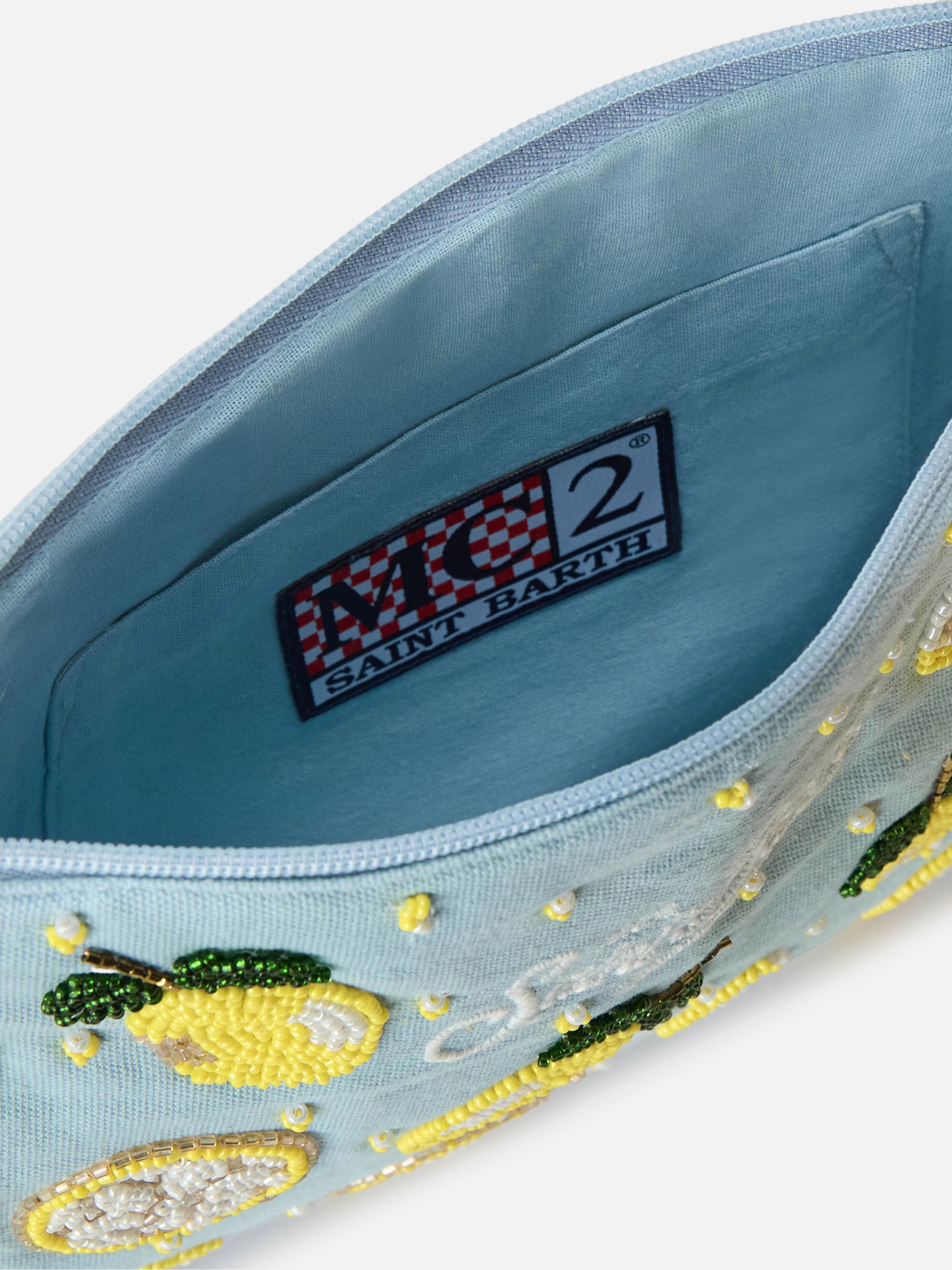 Light blue Pouch Pearl with beaded lemons – MC2 Saint Barth
