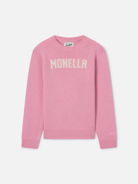 Prenda de punto con cuello redondo Princess en rosa con lettering Monella 