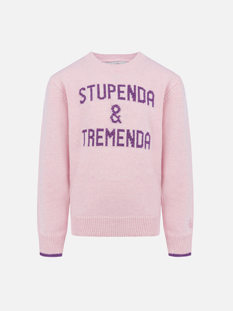 Girl pink crewneck sweater Princess with Stupenda & Tremenda lurex print